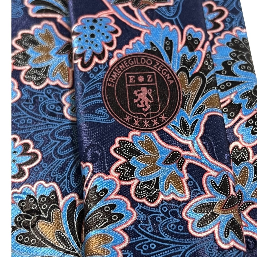 Ermenegildo Zegna Silk Tie Mens  Blue Brown Floral Paisley Made in Italy Luxury - Picture 6 of 9